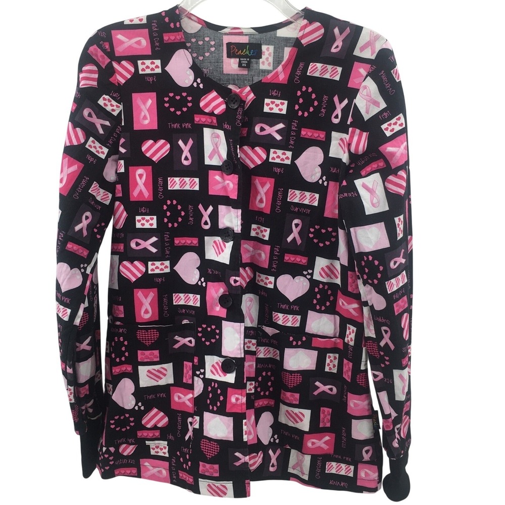 Peaches Scrub Jacket Women XS Black Pink Breast Cancer Awareness Ribbon Heart